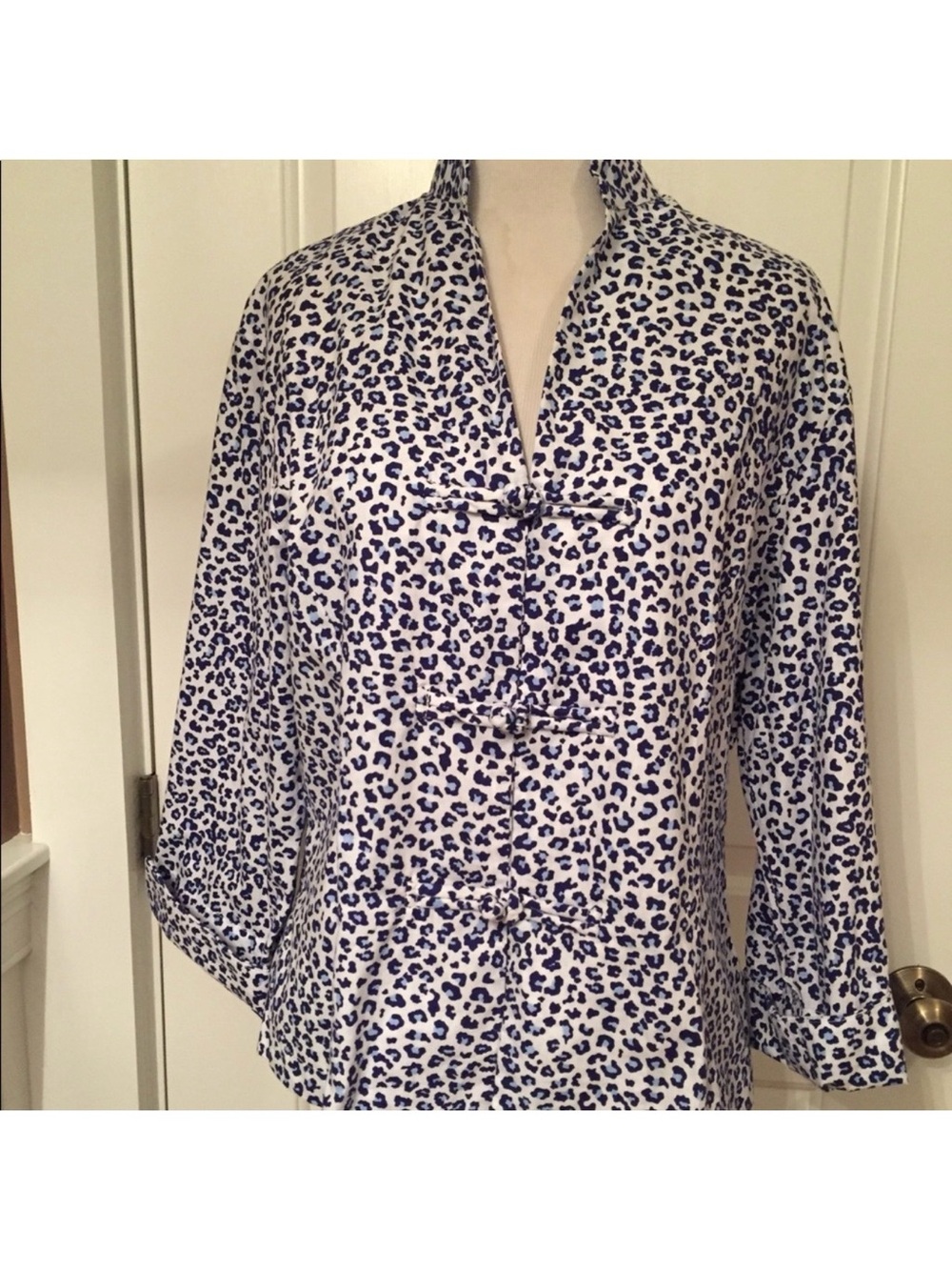 THREE ISLANDS JACKET BLUE WHITE PRINT 3/4 SLEEVE NEHRU STYLE Size M